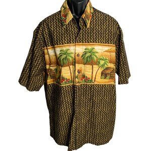 Polynesian Button Up Hawaiian Camp Shirt 2XL Brown Short Sleeves Pocket Hula